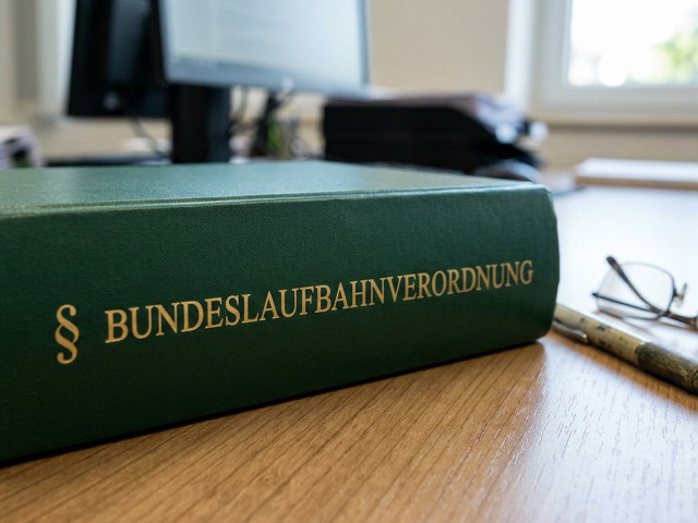 Ein grünes gebundenen Buch "§ Bundeslaufbahnverordnung" liegt auf einem Hoztisch.