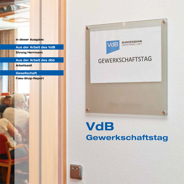 Magazin-Titelseite mit dem Schwerpunkt "VdB Gewerkschaftstag". Tür-Glasschild zum Raum des Gewerkschaftstags, im Hintergrund ein Raum mit verschwommenen Menschen.