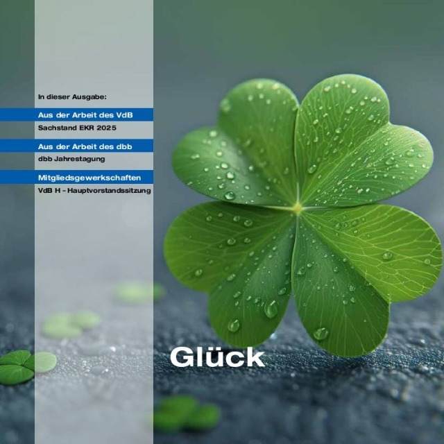 Magazin-Titelseite mit dem Schwerpunkt "Glück". Ein vierblättrigen Kleeblatt in sattem Grün, bedeckt mit kleinen Wassertropfen.
